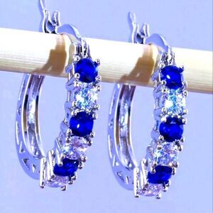 Beautiful Blue and White 2.20 Ct. Sapphire Hoop Earrings 14K White Gold on 925 